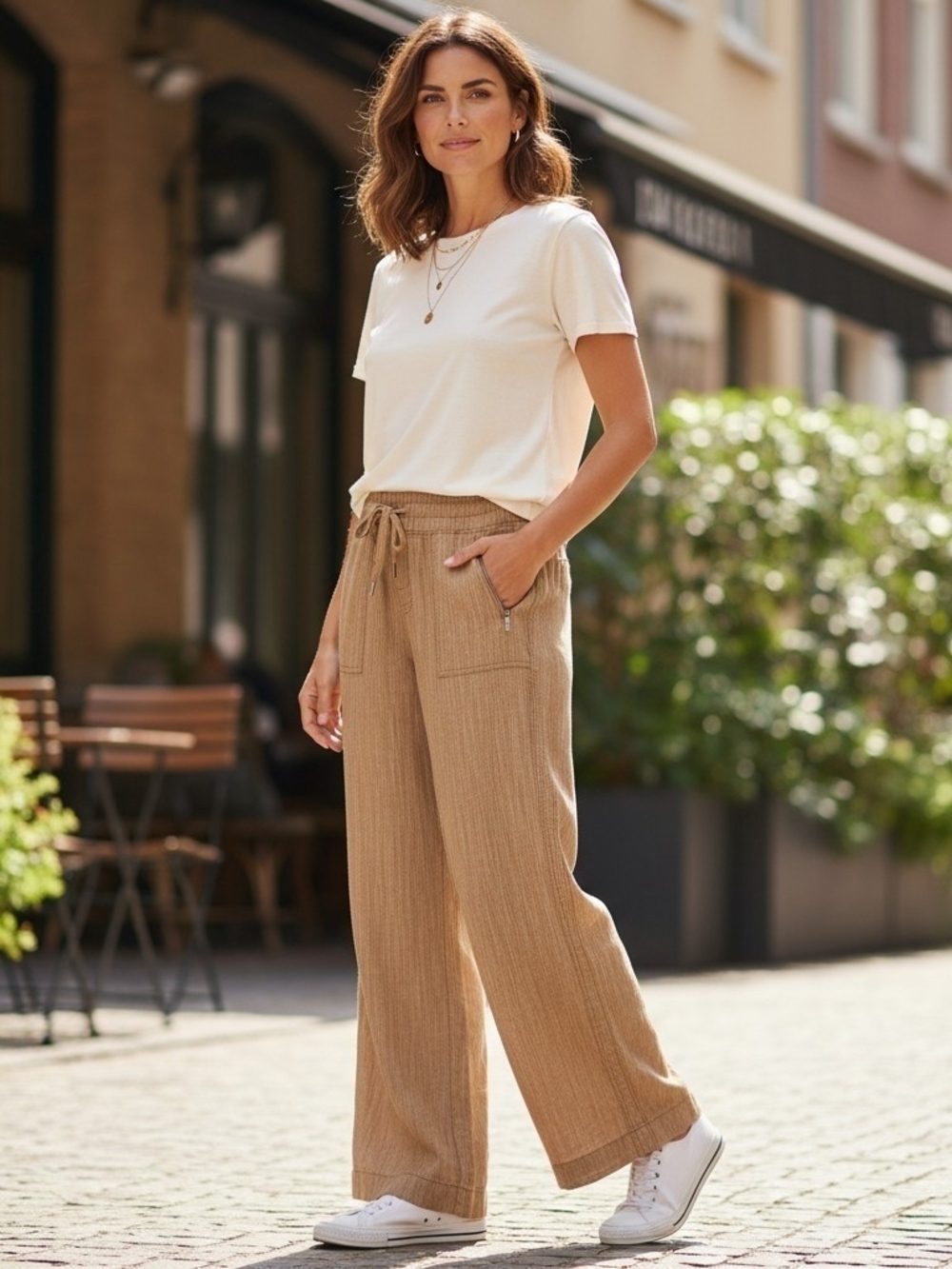 Athleta Cabo Linen Textured Wide Leg Pants Size 10 Brown Striped Drawstring 6576 - Picture 13 of 13